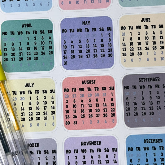 2027 - 1.5" Colorful Calendar Functional Sticker Sheet
