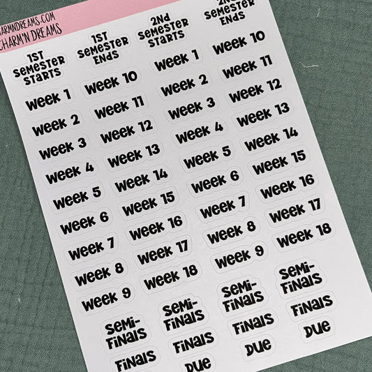 School Semester & Weeks sticker Sheet