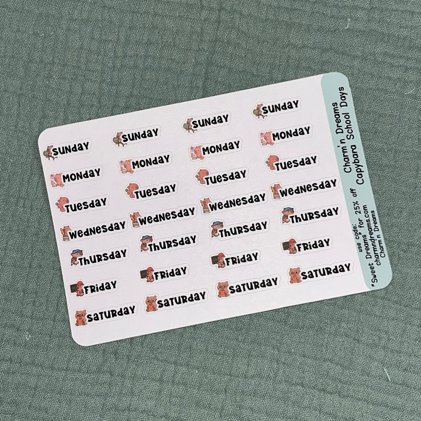 Capybara School Days of the Week sticker Sheet