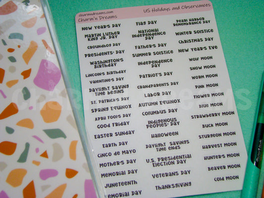 U.S. Holidays and Full Monn Phases Paper Planner Stickers