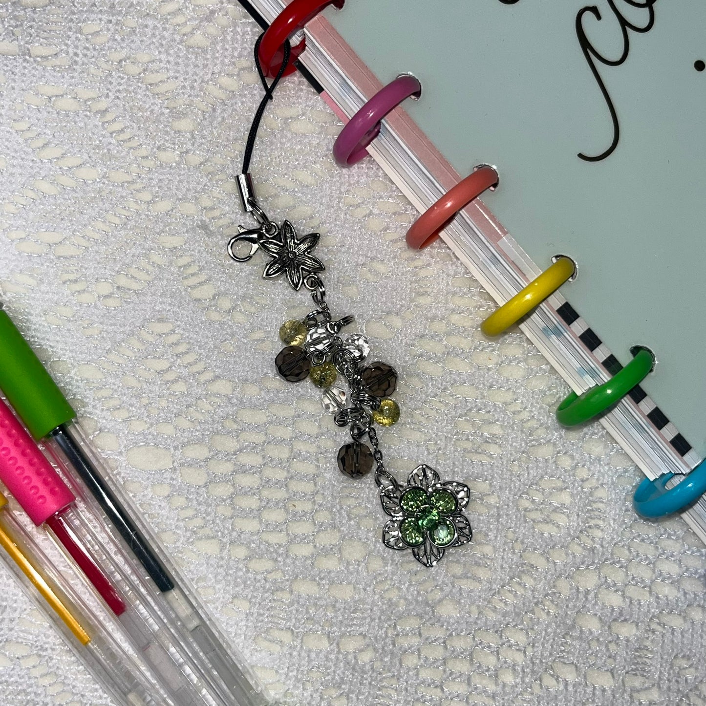 Green Flower Crystal Pendant Planner Charm