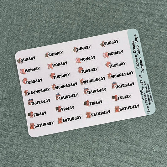 Capybara School Days of the Week sticker Sheet