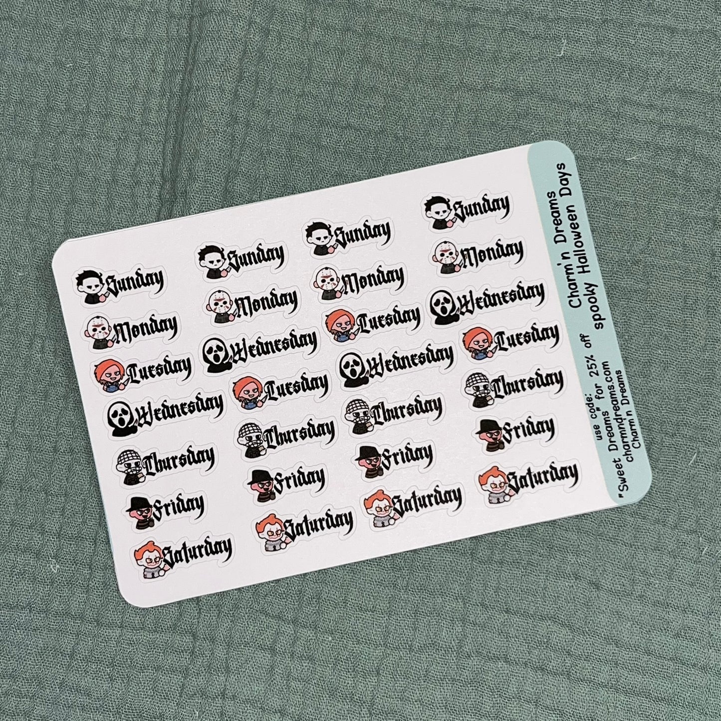 Spooky Characters Days of the Week sticker Sheet
