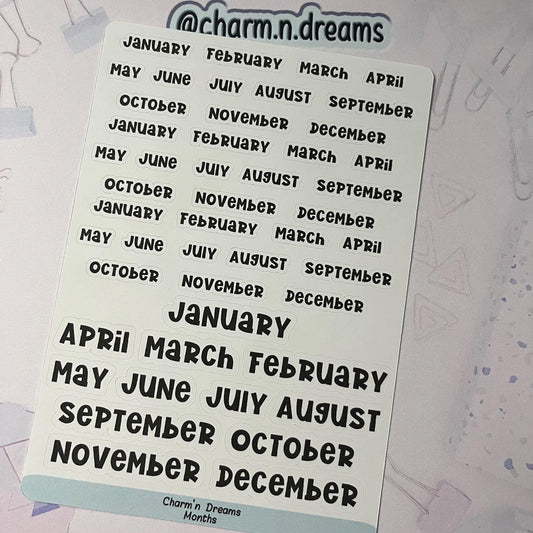 Months Planner Stickers- Redating Black and White Planner Stickers - Charm'n Dreams